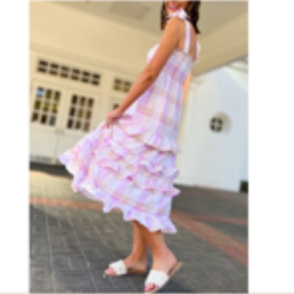 Anthropologie Pink and White Ruffled Maxi Dress
